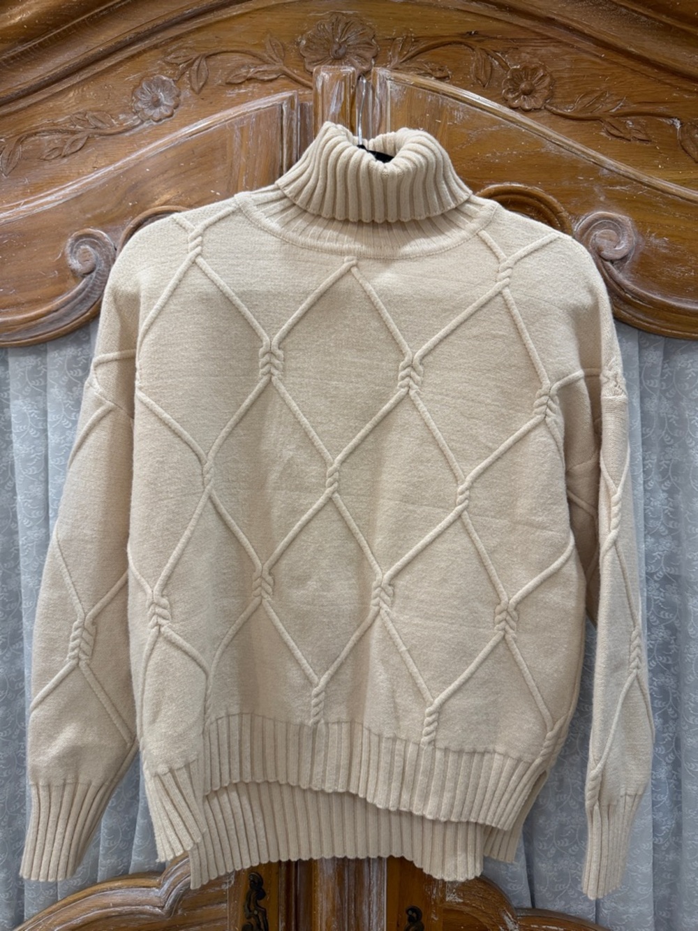 Cream Turtleneck Diamond-Knit Sweater